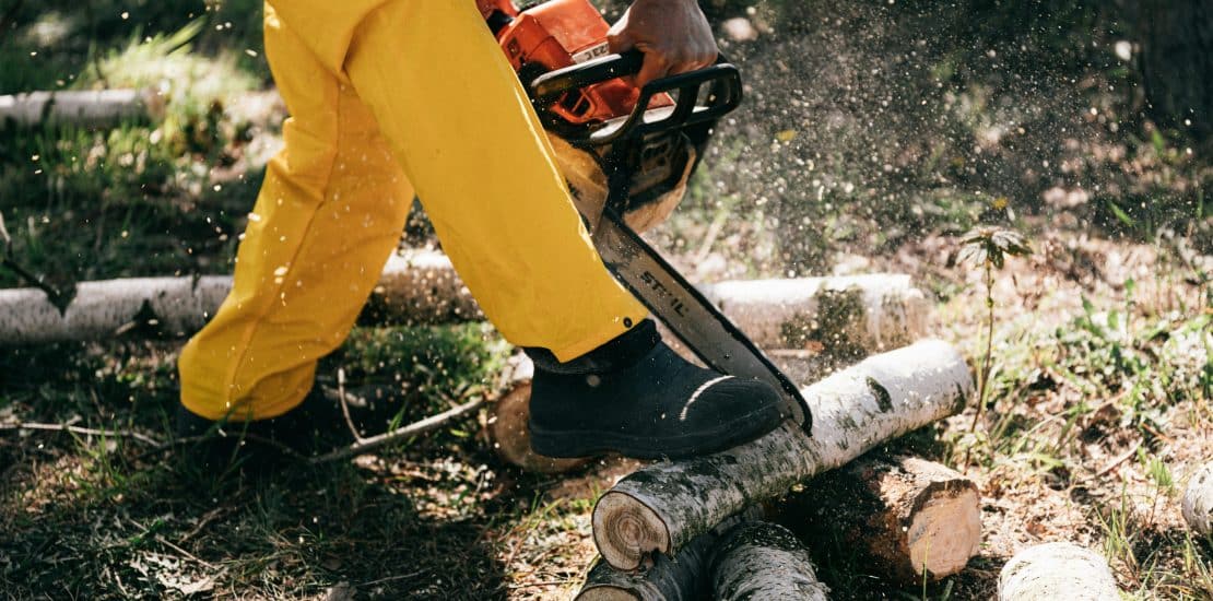 Uomo che usa la motosega seguendo le norme della Sicurezza sul lavoro nel giardinaggio