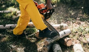Uomo che usa la motosega seguendo le norme della Sicurezza sul lavoro nel giardinaggio